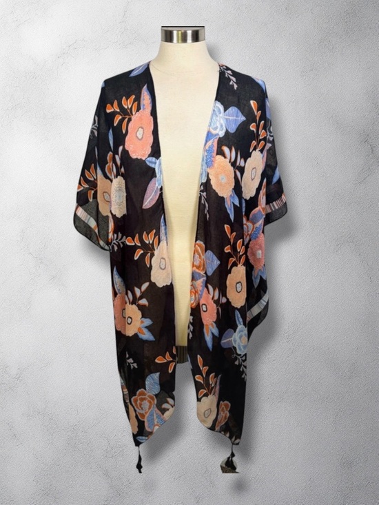 Woven Heart Other - WOVEN HEART Pastel Pink & Blue Floral Black Kimono with Tassels, O/S